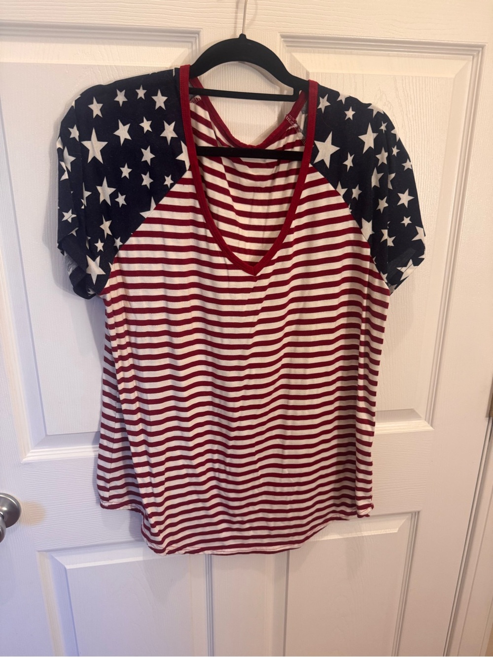 Women's Red & White Striped Short Sleeve Tee with Star Accent
